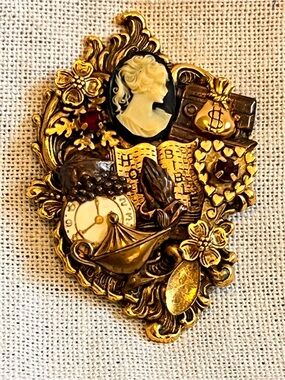 Vintage Scripture Wear Cameo Gold-Tone Figural Brooch with Cameo and Clock Motif